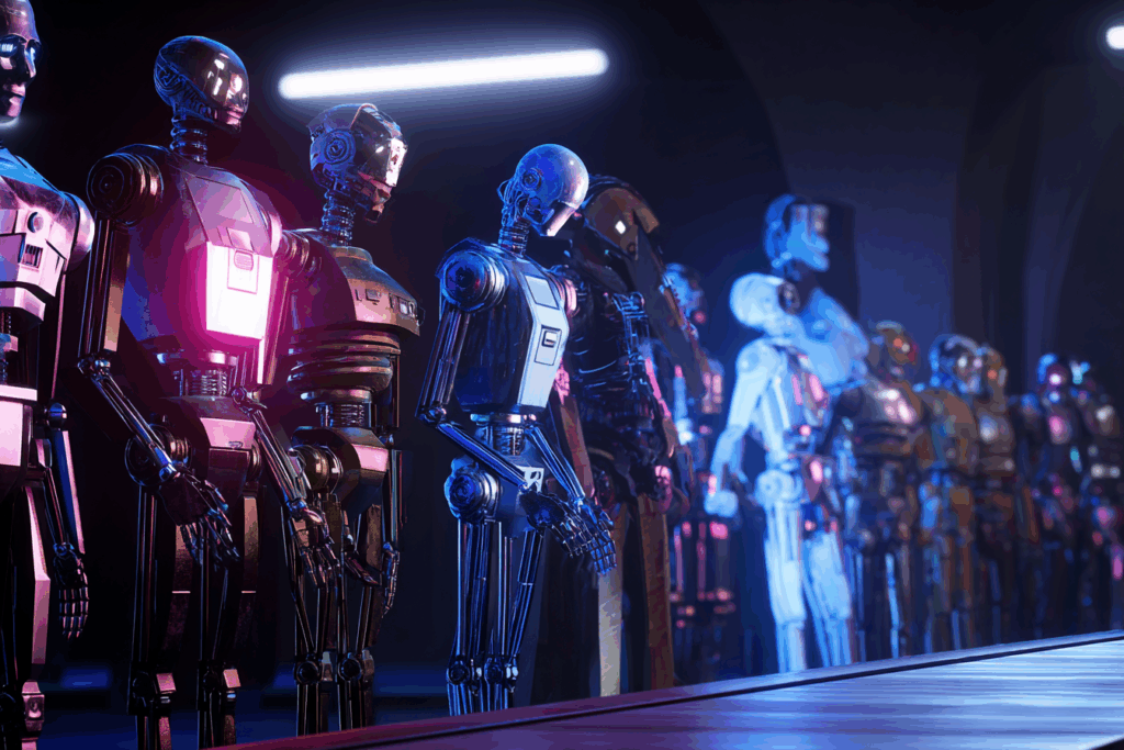 A row of diverse robots stands in line under dramatic lighting, with only a few brightly lit and others cast in shadow. The setting resembles a high-tech screening room or industrial evaluation space.