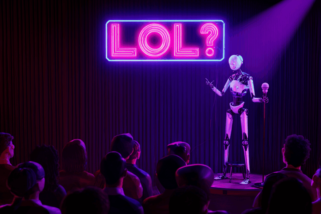 A humanoid robot performs stand-up comedy on a small stage under purple lighting, holding a microphone in front of a neon pink sign that reads “LOL?”, while a human audience watches silently.