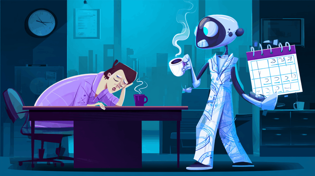 Cartoon of a tired human slumped at a desk while a smiling robot assistant offers coffee and a glowing calendar.