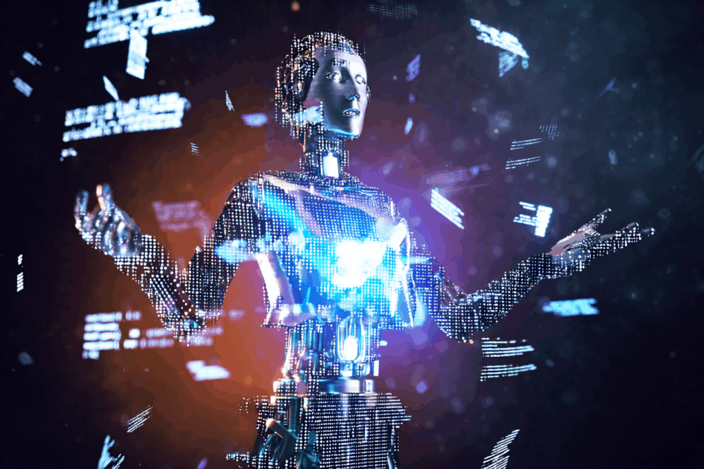 A glowing humanoid robot gestures majestically as streams of code swirl around it—clearly confident, clearly confused, and clearly not reading the fine print.