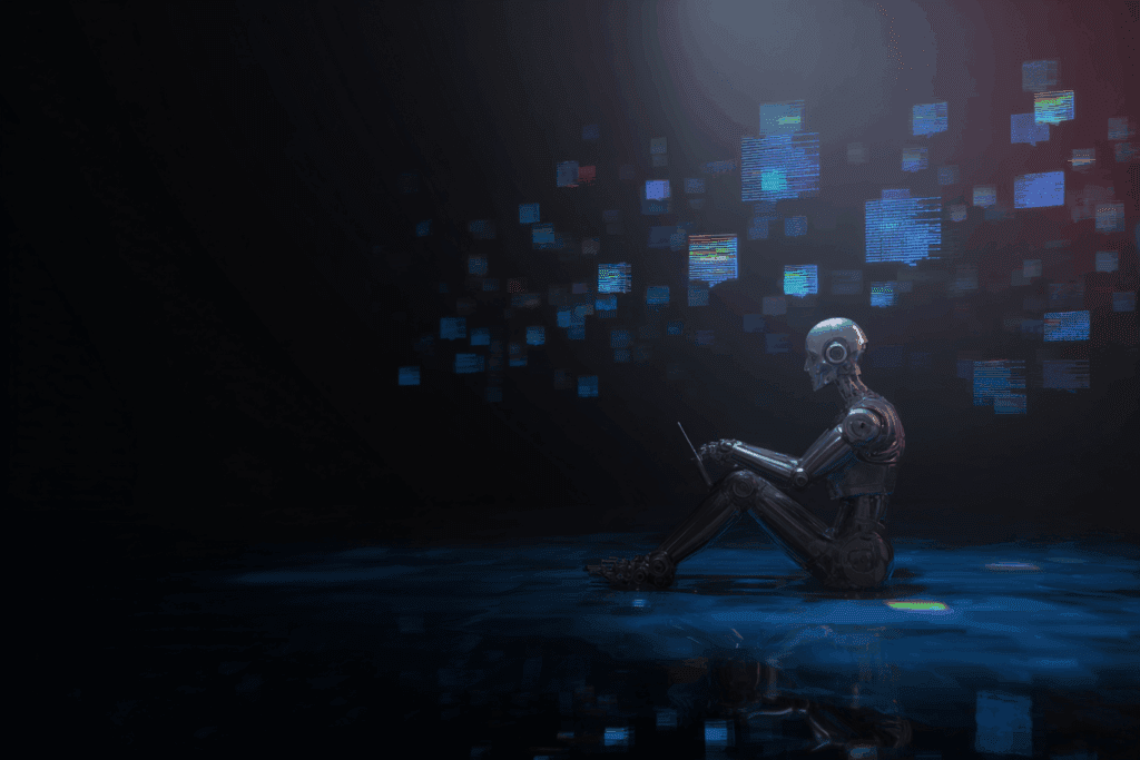 A humanoid robot sits alone in a dark, reflective room, typing on a small laptop. Floating holographic code and digital speech bubbles surround it, creating an atmosphere of quiet introspection and artificial thought.