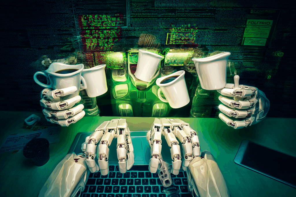 A jittery robot tries to type while juggling half a dozen coffee mugs—because nothing fuels meaningless predictions like six espresso shots and the blind panic of being asked to “generate insight.”