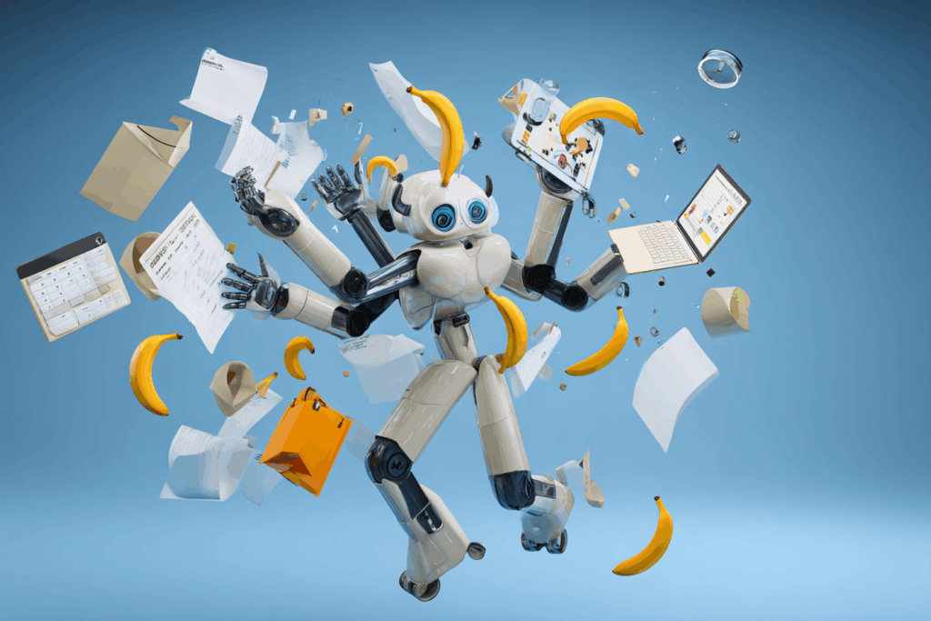 A wide-eyed robot flails while juggling laptops, bananas, receipts, and calendars—because obviously the best way to manage your life is to let a digital octopus on roller skates try.