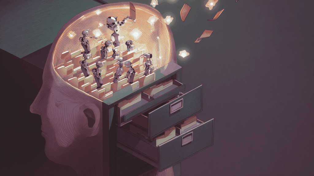 A surreal illustration of robots organizing glowing folders inside a human head shaped like a filing cabinet.