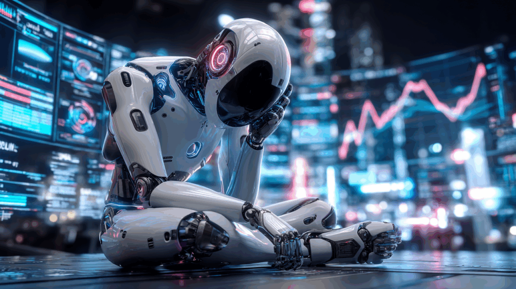 Futuristic humanoid robot sitting with head in hand, surrounded by glowing data screens and red falling stock graph.