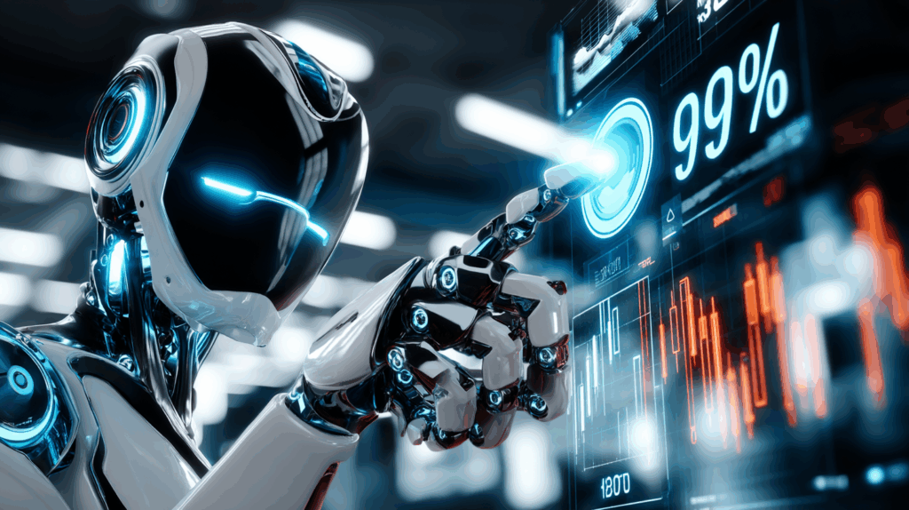Futuristic AI robot pointing confidently at a glowing “99%” accuracy display