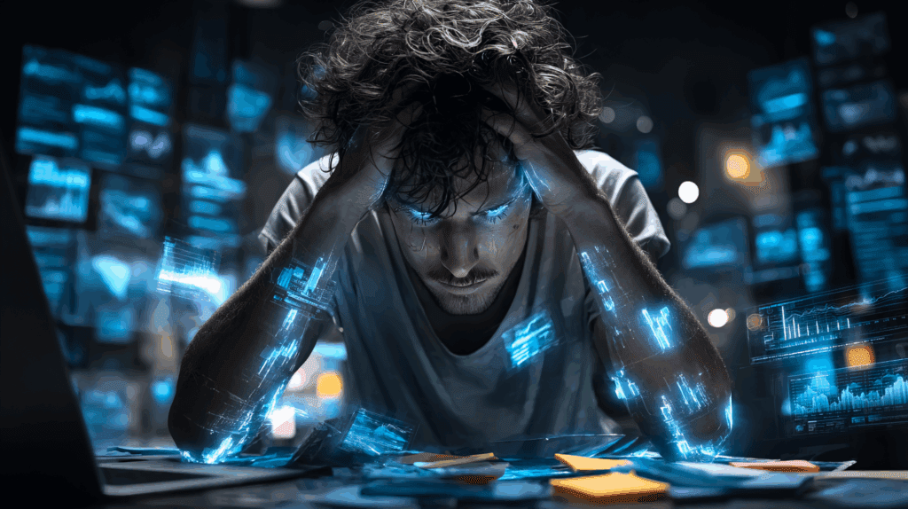 Man with glowing digital projections on his arms and face, holding his head in frustration at a cluttered desk.