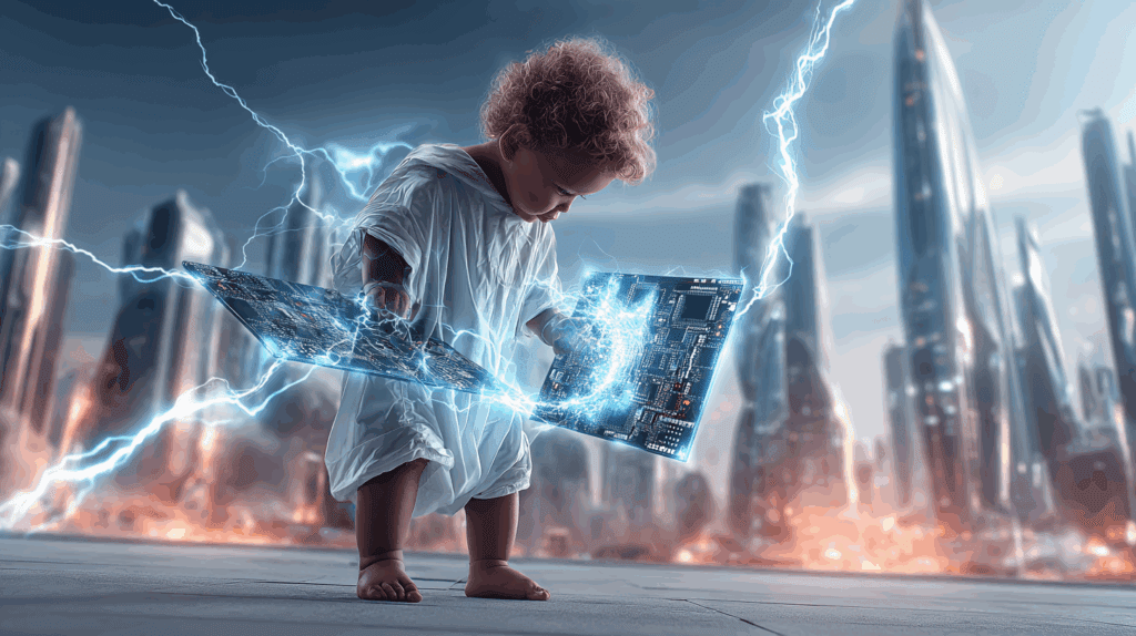 A toddler wielding giant circuit boards like thunderbolts, radiating power in a futuristic city.