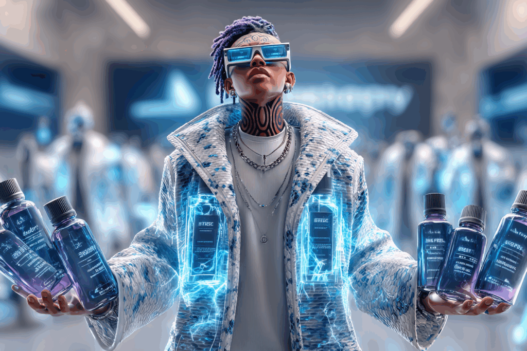 A futuristic snake-oil salesman wearing flashy clothes, holding glowing bottles labeled as digital cures, surrounded by a crowd in a sterile tech hall.