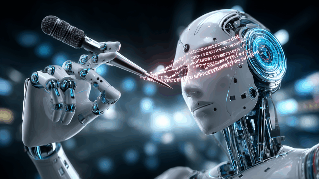 umanoid robot holding a microphone, with glowing code streaming into its head.