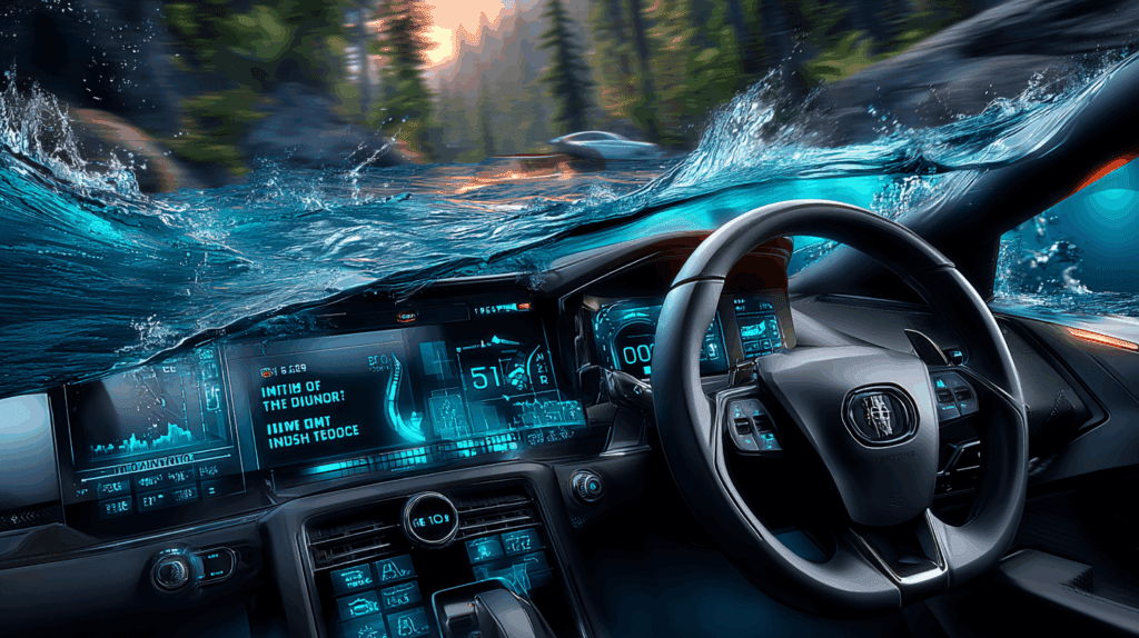 Futuristic self-driving car dashboard showing GPS instructions leading straight into a lake