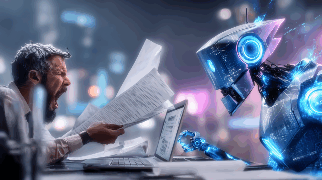 Angry man holding papers and yelling at a humanoid robot across a desk.