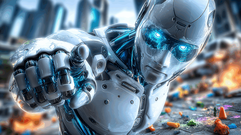 A humanoid robot pointing forward with glowing eyes, surrounded by colorful debris and mistakes.