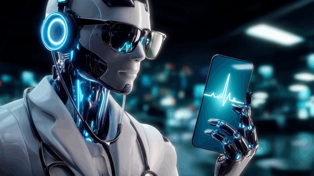 Futuristic AI doctor in lab coat holding a phone with a digital heartbeat display