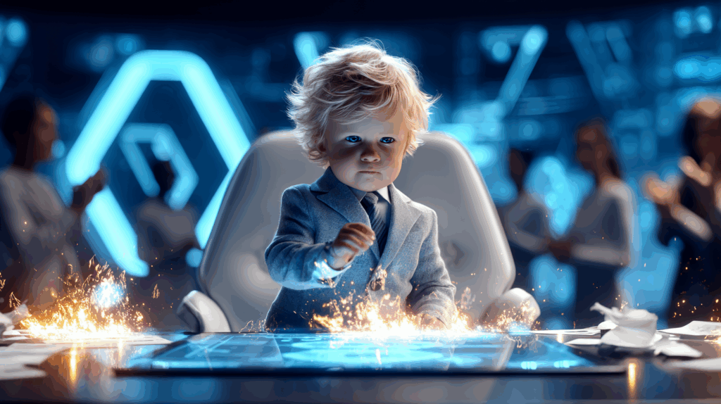 A toddler in a business suit at a glowing CEO desk, sparks flying as adults applaud in the background.