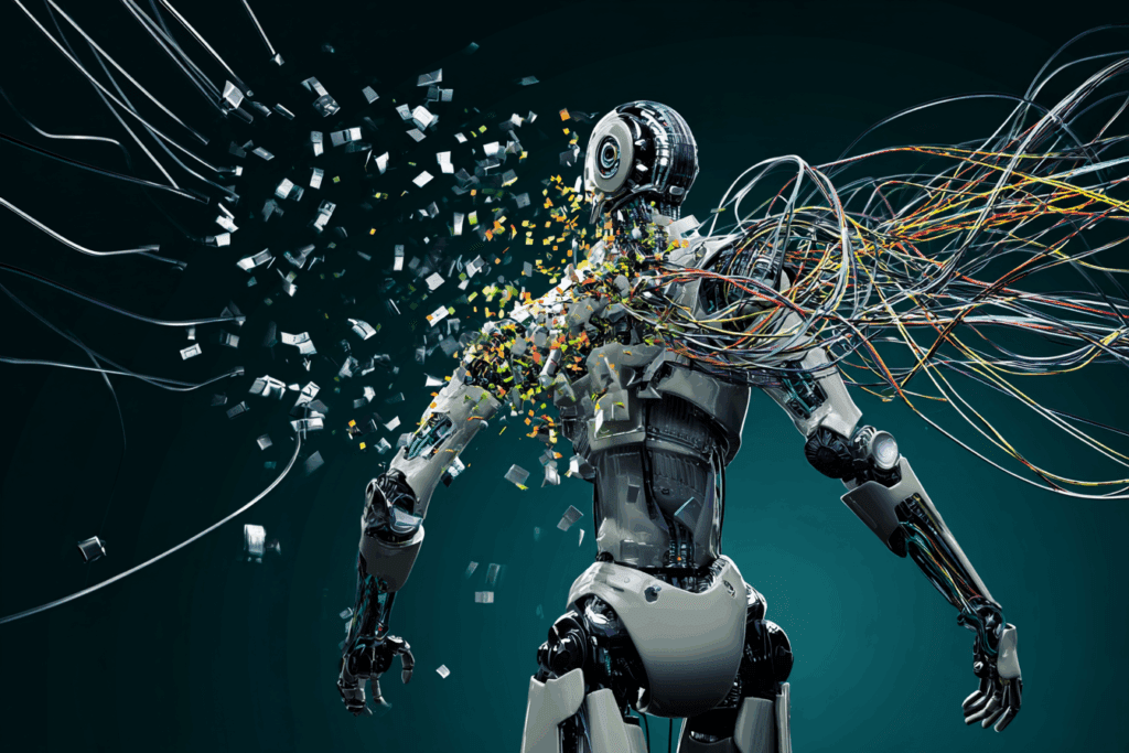 A robot unraveling from the inside out, with tangled wires and glowing fragments bursting from its shoulder and torso.