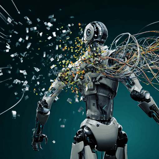 A robot unraveling from the inside out, with tangled wires and glowing fragments bursting from its shoulder and torso.