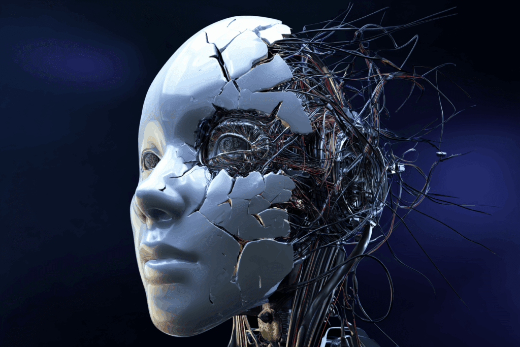 A cracked robot face revealing a mess of wires and tangled circuitry underneath the surface.