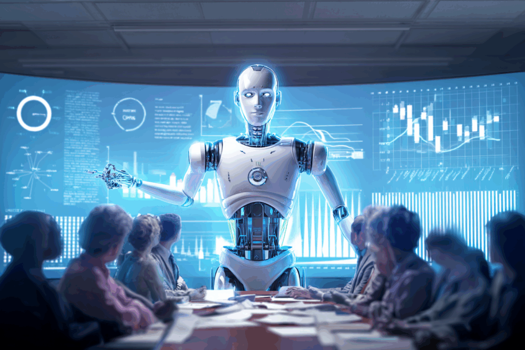 A humanoid robot presenting complex data charts to a group of humans in a boardroom, with glowing screens and graphs behind it.