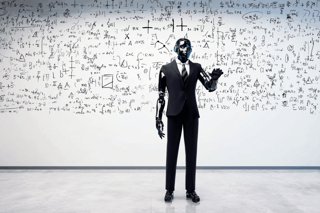 A humanoid robot in a suit confidently gesturing in front of a whiteboard filled with chaotic, nonsensical math symbols.