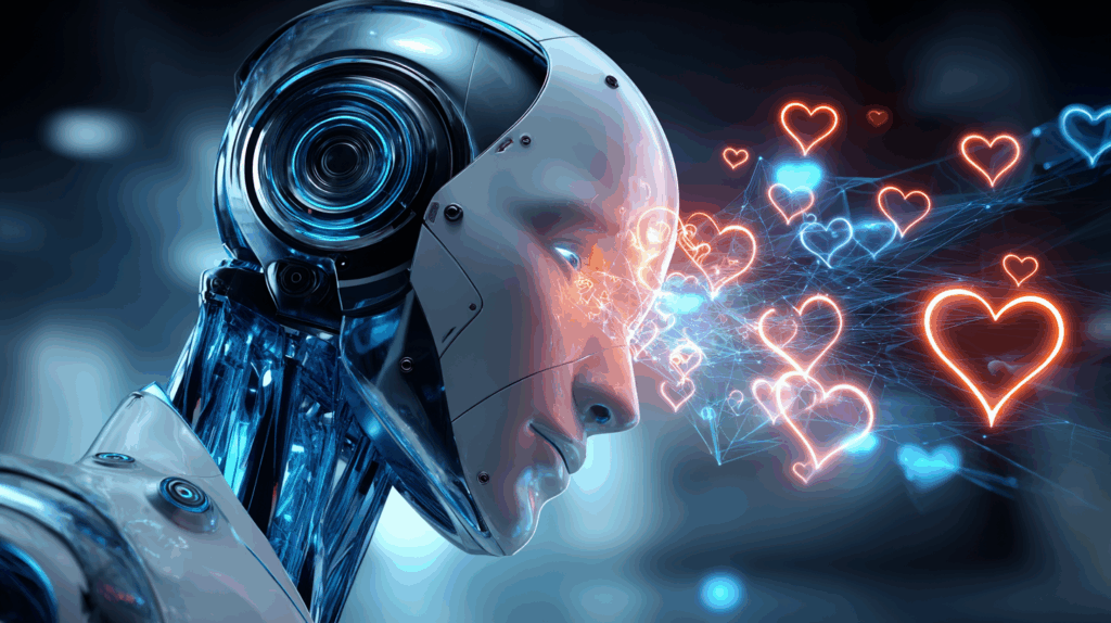 A humanoid chatbot surrounded by glowing heart icons, its face glitching and expression blank