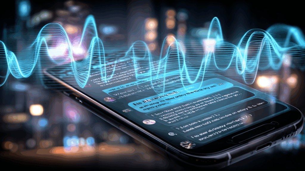 A smartphone chatbot conversation repeating the same phrase endlessly, with glitchy digital loops in the background.