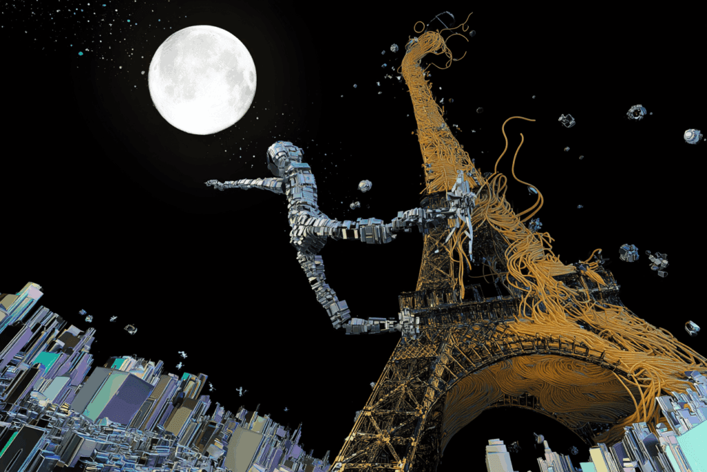 A surreal scene of a moonlit skyline, with a robot made of blocks leaping near a spaghetti-wrapped, distorted Eiffel Tower.