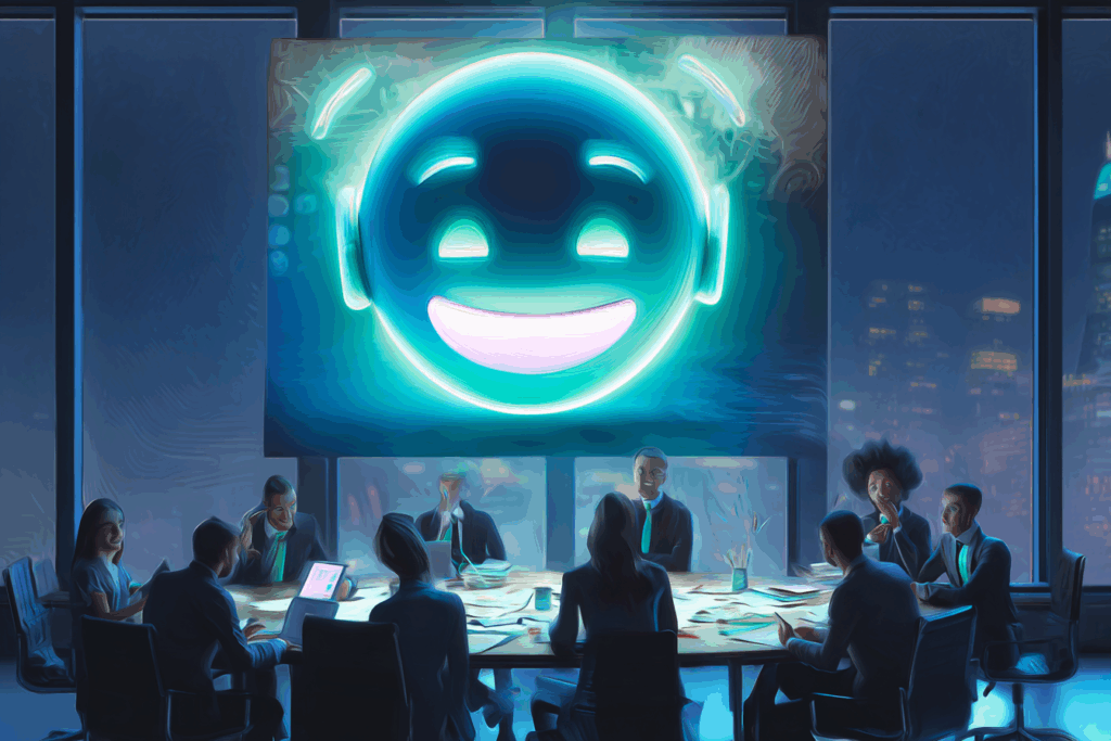 A glowing cartoon AI face smiles on a giant screen while humans sit around a boardroom table looking serious and engaged.