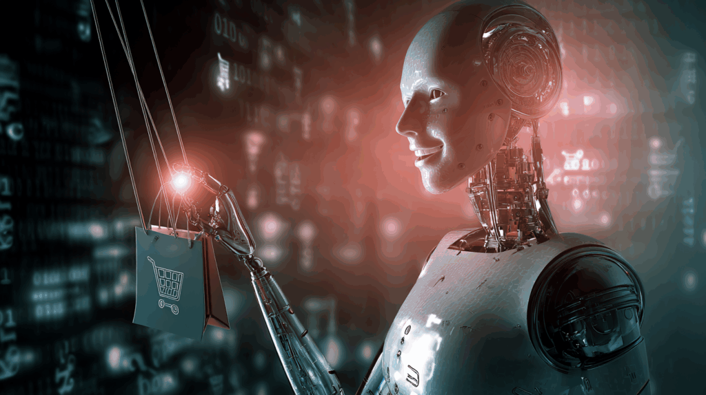 A smiling robot holding a shopping bag with marionette strings, glowing red in a digital background filled with binary and shopping icons.