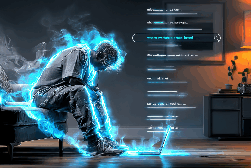 A person slumped in front of a laptop, glowing blue with streams of autocomplete text spilling into the air, symbolizing outsourced thought.