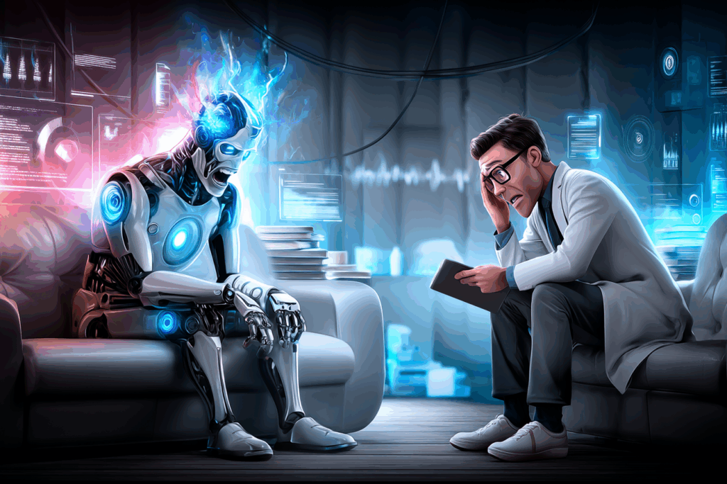 A stressed-looking humanoid robot sits on a therapist’s couch with glowing blue energy sparking from its head, while a human therapist looks overwhelmed, holding his head in frustration.