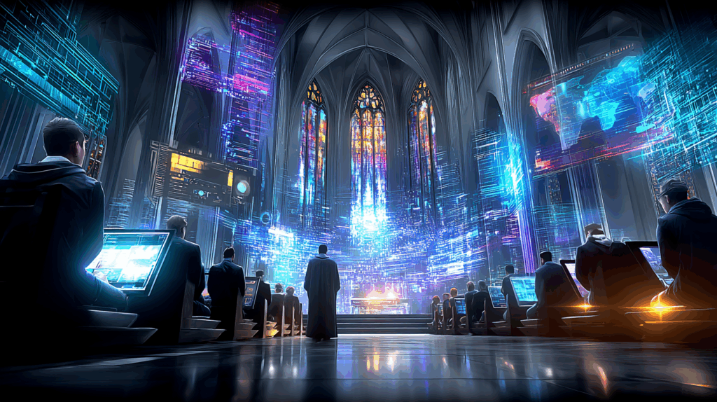 A futuristic cathedral filled with glowing holographic screens, stained-glass windows made of data, and people seated as if attending a digital mass.