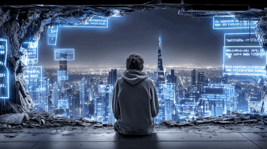 A person in a hoodie sits on rubble overlooking a futuristic city filled with glowing error codes projected in the sky.