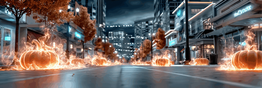 A futuristic city street lined with glowing pumpkins on fire, autumn trees and neon lights in the background.