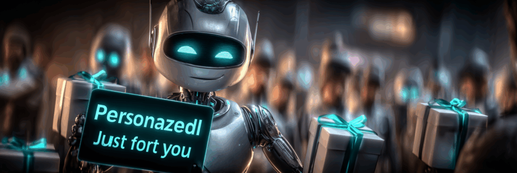 A smiling robot holding gift boxes labeled “Personalized Just for You,” standing in front of a crowd receiving identical gifts.