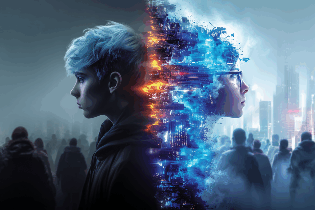 Two figures face opposite directions, one grounded in a human crowd, the other dissolving into digital fragments and neon cityscapes, symbolizing humanity divided between reality and technology.