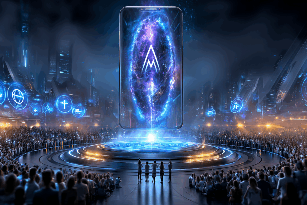 A massive glowing smartphone worshipped by a huge crowd in a futuristic city, app icons floating like religious symbols.