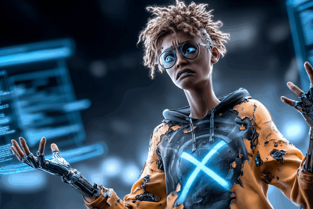 Person with robotic arms wearing a torn hoodie, looking confused and distressed as if malfunctioning, symbolizing humanity as a flawed beta test.