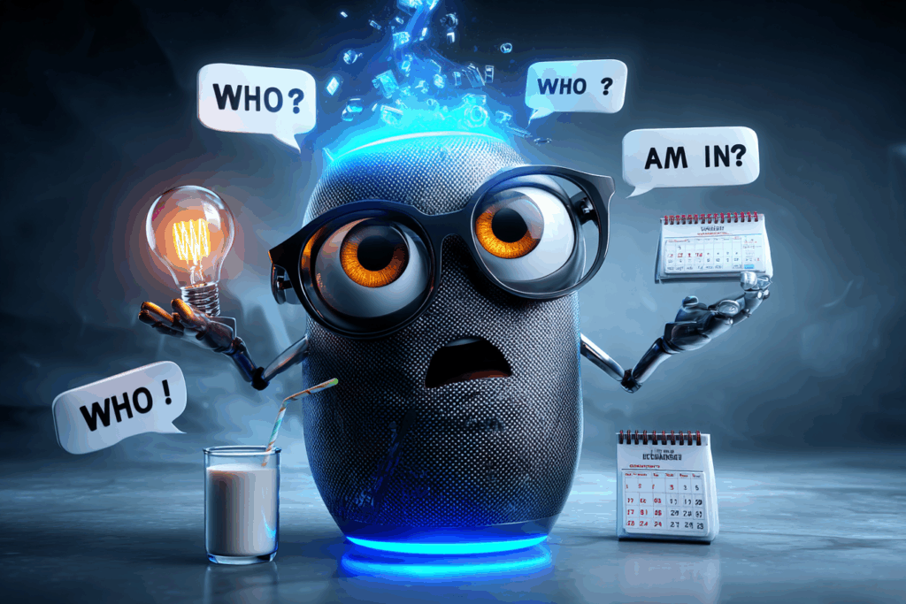 A cartoonish smart speaker with big eyes and glasses juggles a light bulb, milk, and calendars while asking “Who am I?” in comic speech bubbles.