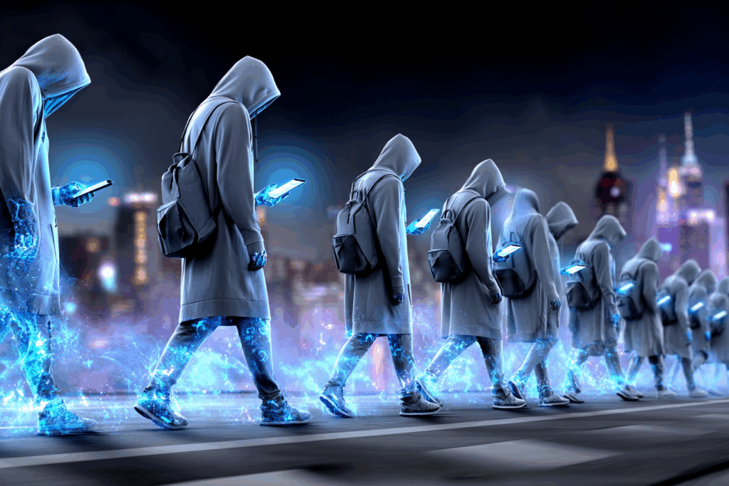 Rows of hooded figures walking in line through a city at night, faces hidden as they stare at glowing smartphones, all identical and expressionless.