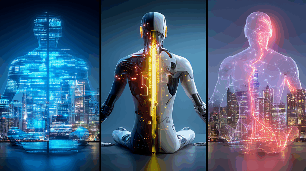 A triptych artwork showing three figures: one made of digital data, one a humanoid robot glowing with circuits, and one a ghostly network silhouette — symbolizing Big Data, Machine Learning, and Algorithms.