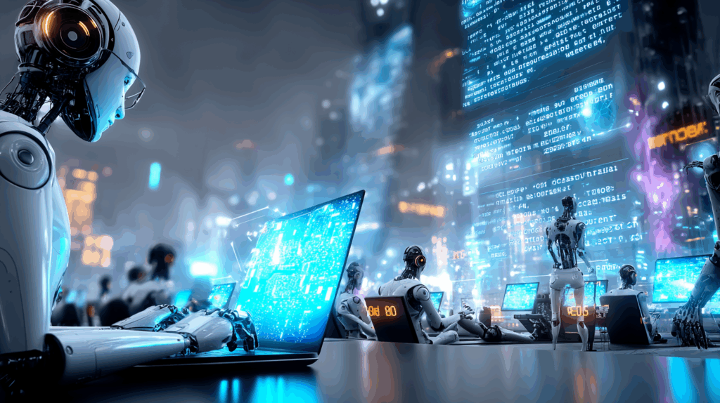 Rows of humanoid robots working on laptops in a dark futuristic office, giant screens above them covered in endless lines of code.