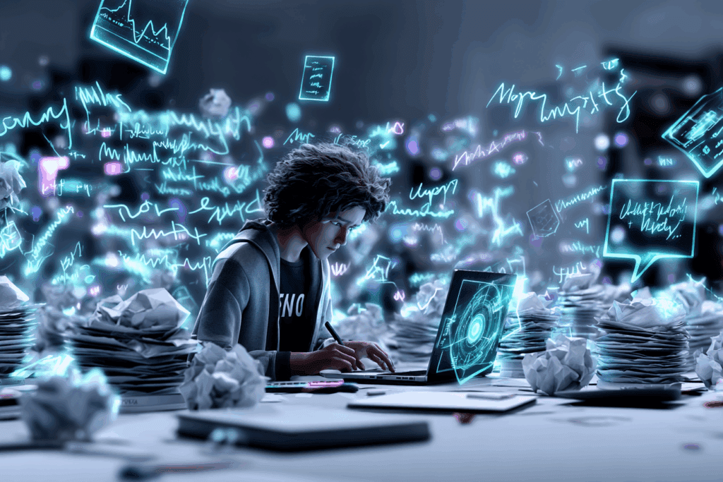 A lone figure at a cluttered desk, scribbling notes by hand while glowing digital text and AI interfaces swirl around them in defiance.