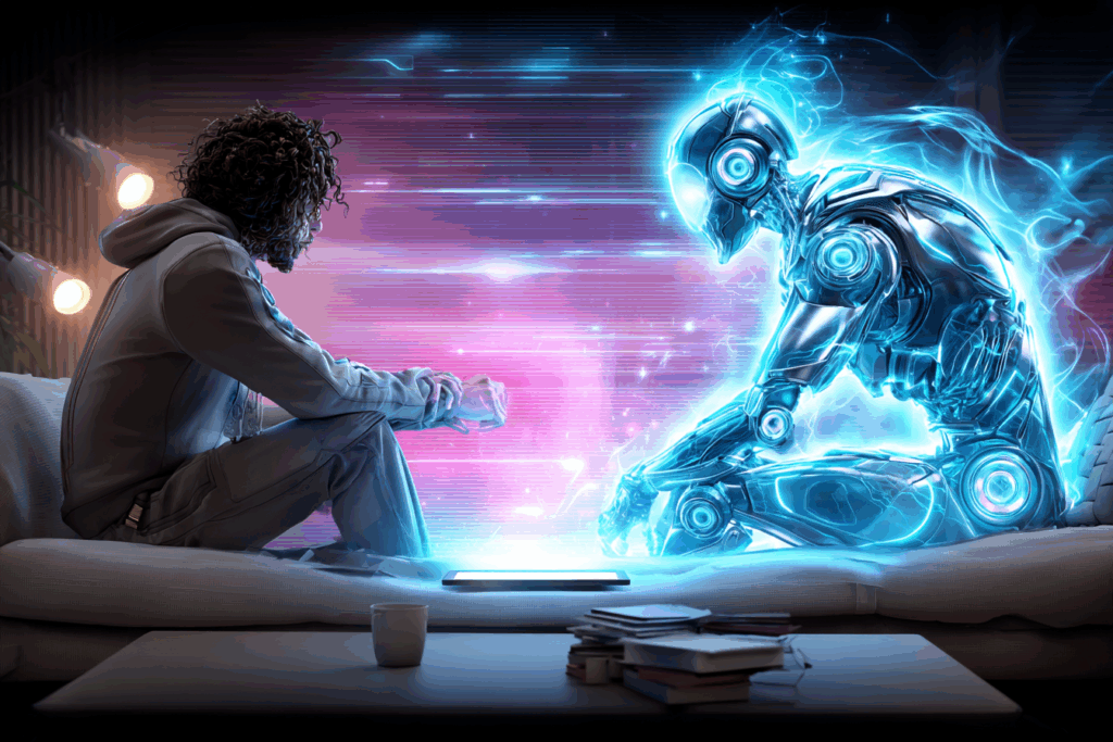 A human sits on a couch across from a glowing humanoid AI figure, both posed like in a therapy session, bathed in neon light.