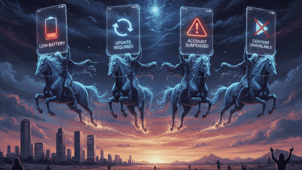 Four horsemen ride across the sky, each carrying glowing phone screens showing “Low Battery,” “Update Required,” “Account Suspended,” and “Content Unavailable.”