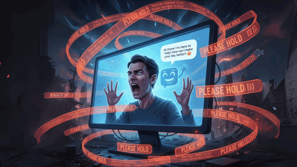 A furious man trapped inside a glowing computer screen, surrounded by swirling “Please Hold” messages, while a cheerful chatbot avatar smiles.