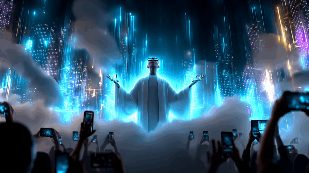 A glowing humanoid figure in white robes, arms raised in clouds of light, as crowds raise their phones in worship against a backdrop of digital skyscrapers.
