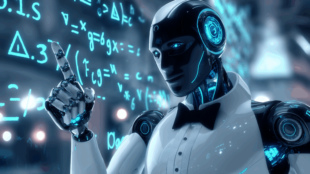 A humanoid robot in a tuxedo confidently pointing at glowing math equations on a digital board, smiling as if teaching, though the formulas make no sense.