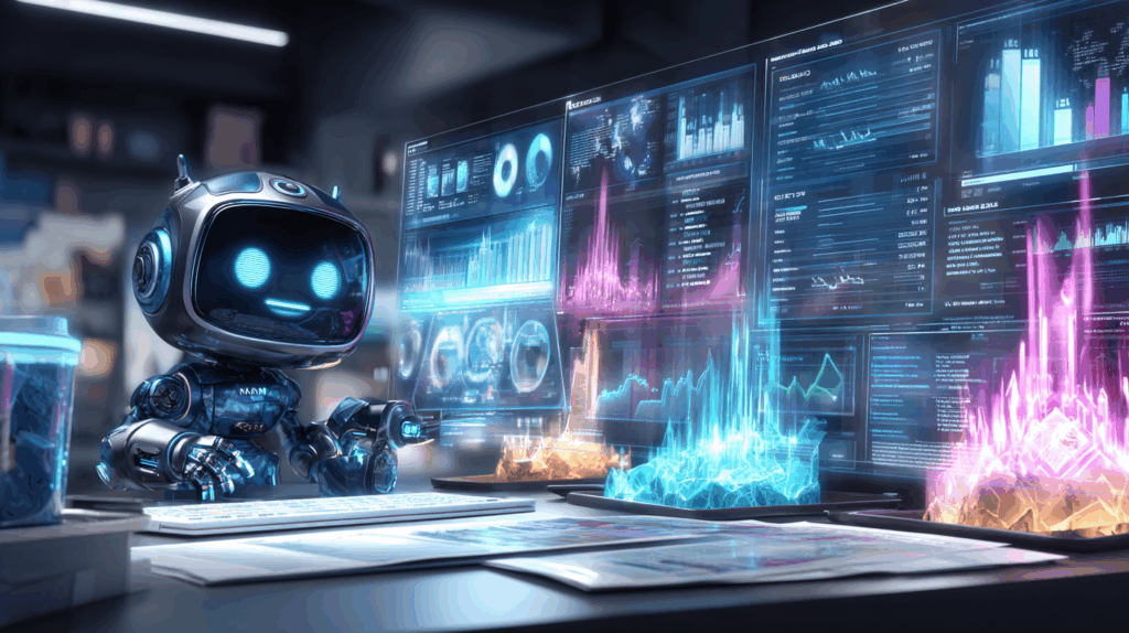 A cute robot sitting at a desk, happily typing on a keyboard while surrounded by holographic data charts and glowing graphs, as if reveling in numbers.