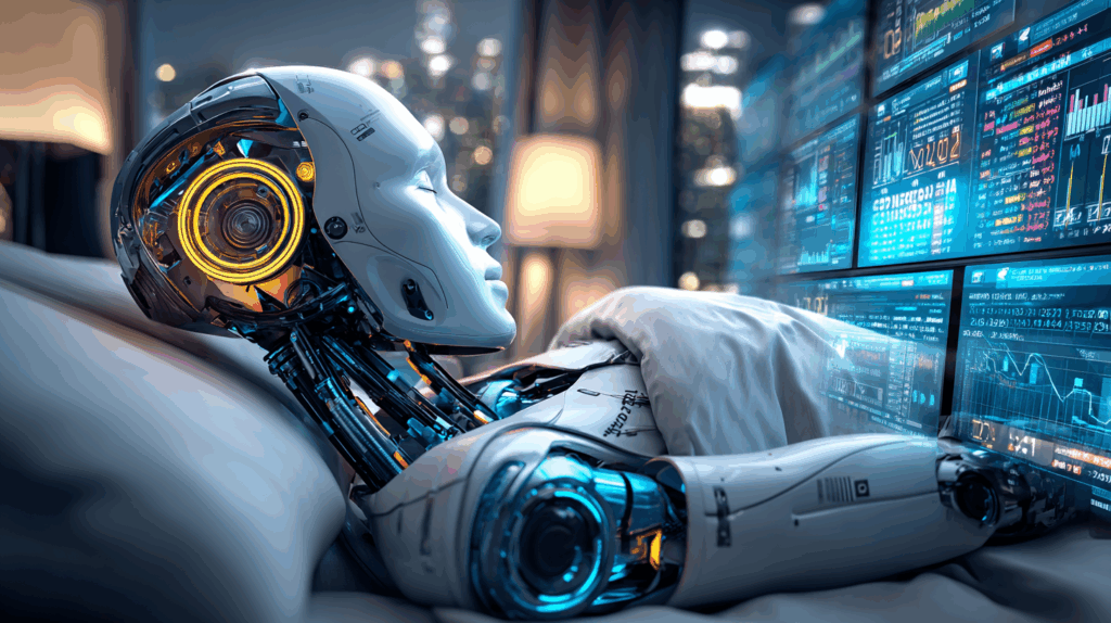 A humanoid robot lying in bed, eyes closed, while multiple glowing data screens float around it, showing charts and code as if it were “dreaming” of spreadsheets.